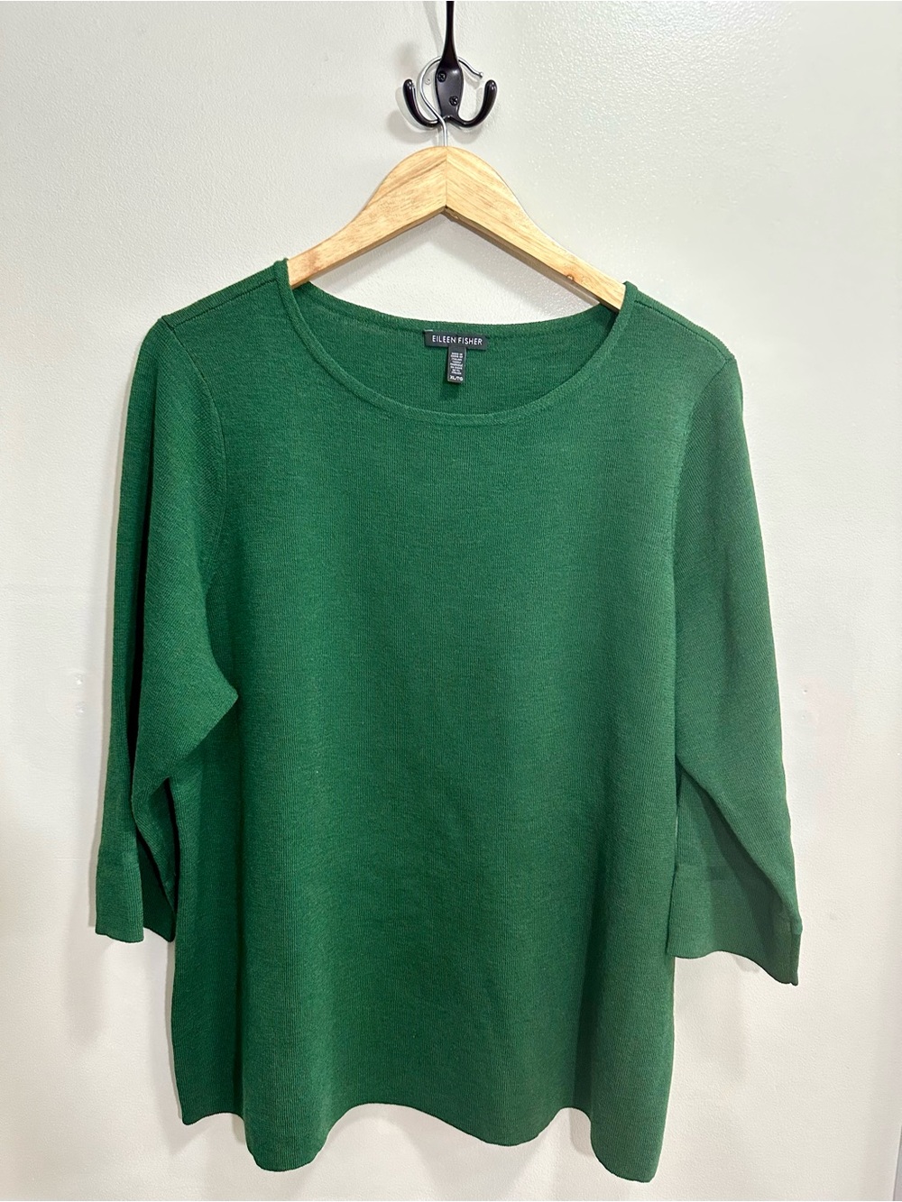 Eileen Fisher Dark Green Scoop Neck 3/4 Bell Sleeve Wool Pullover Sweater